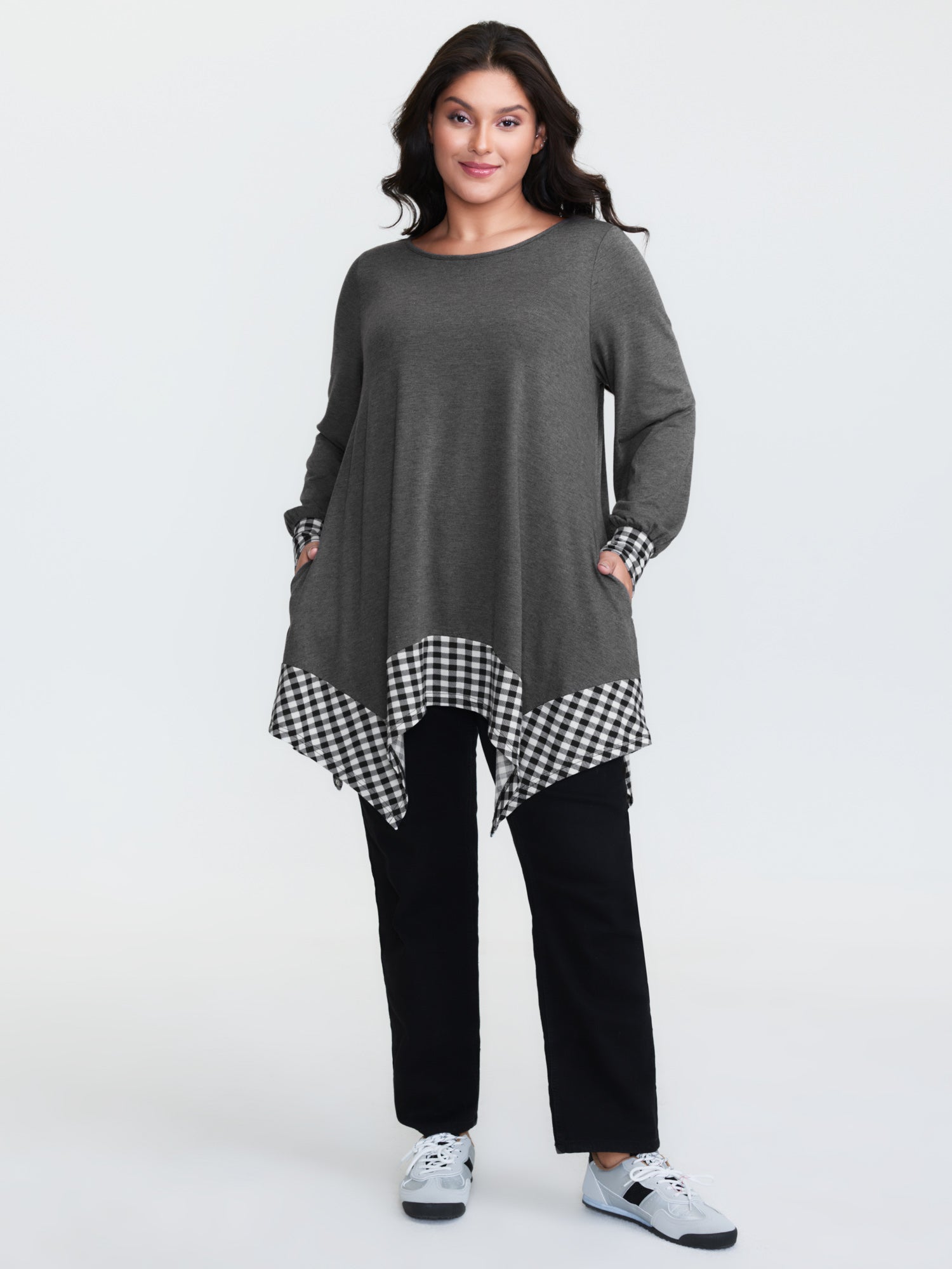 Supersoft Stretchy Checkered Asymmetrical Hem T-Shirt-Sweetccc