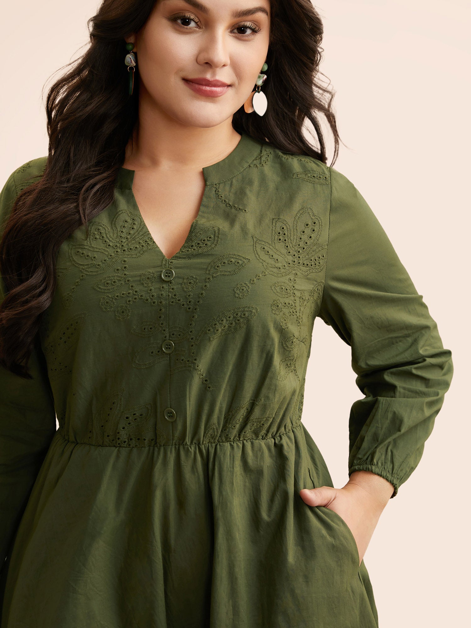 Notched Broderie Anglaise Button Detail Dress-Sweetccc