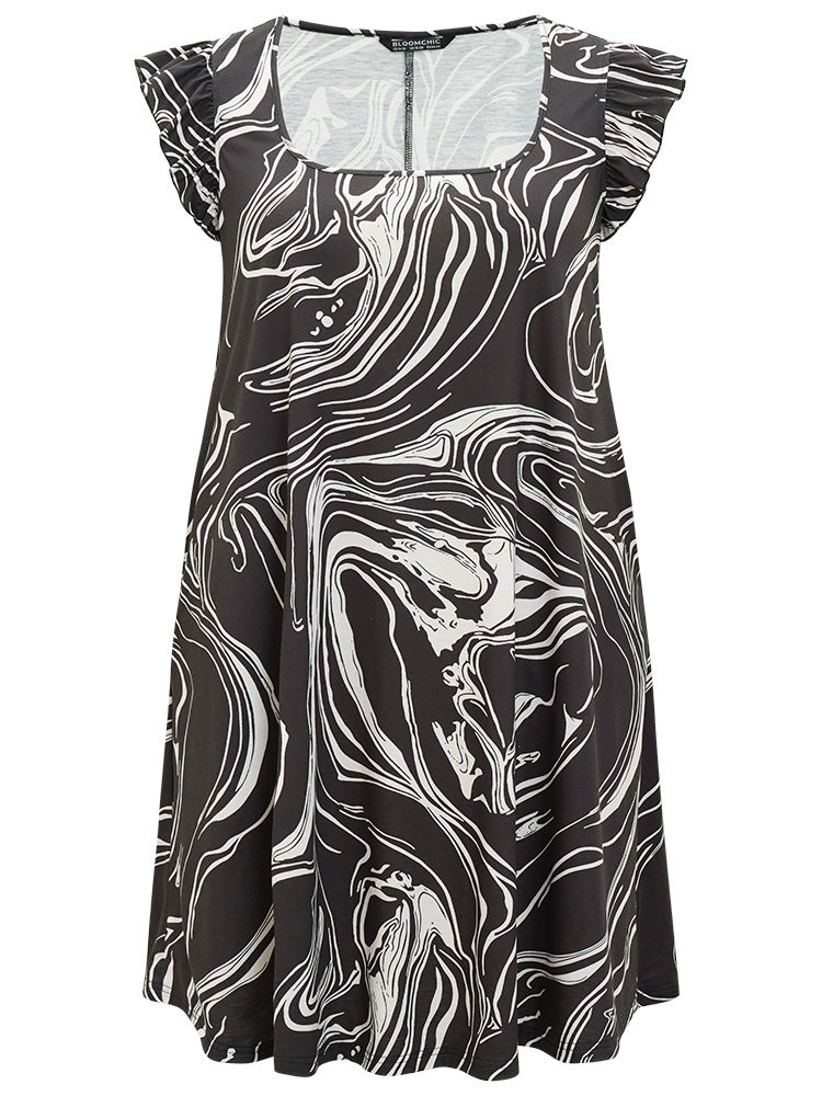 Marble Pocket Ruffle Cap Sleeve Square Neck Dress-Sweetccc