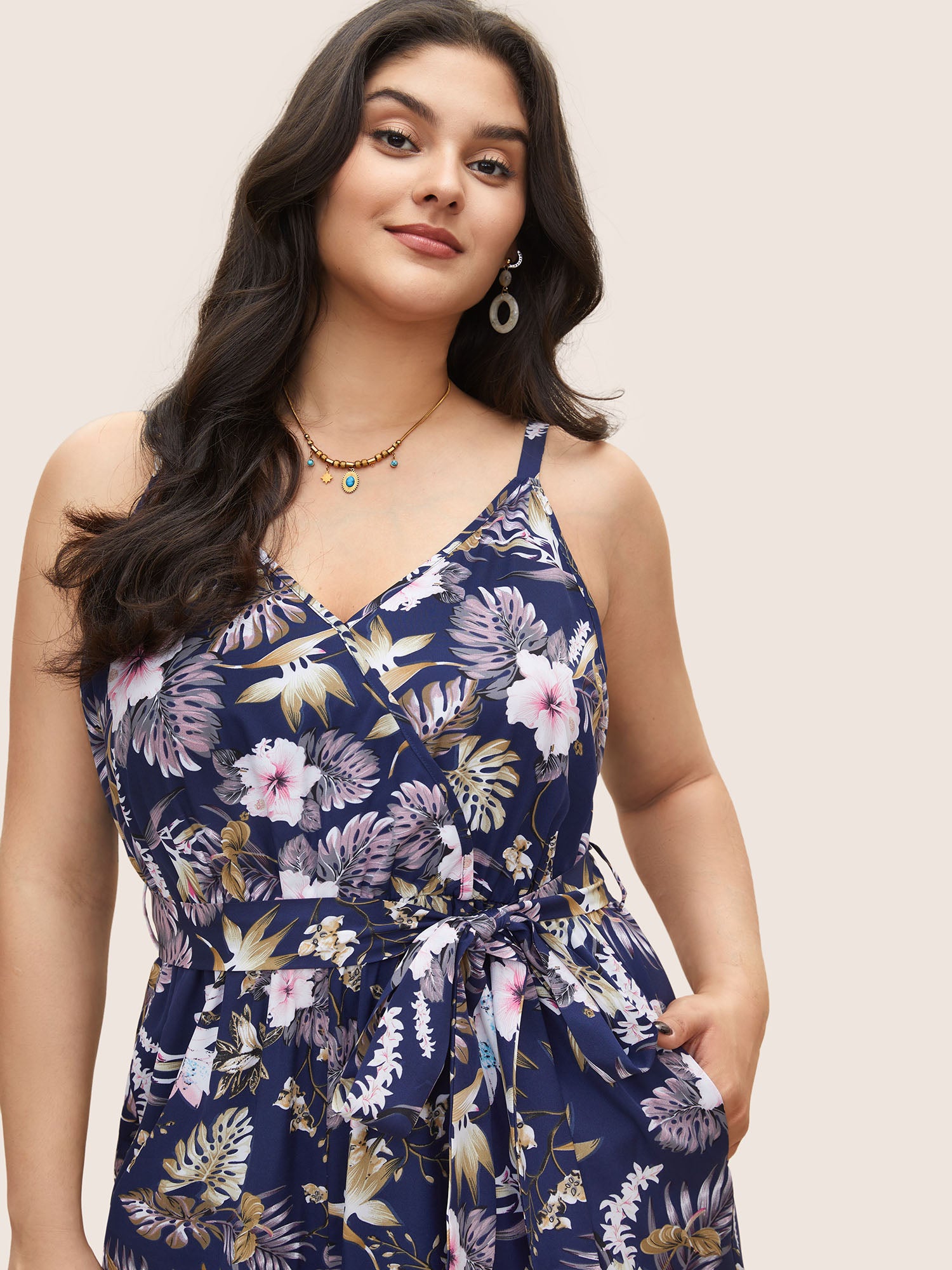 Floral Belted Pocket Wrap Cami Jumpsuit-Sweetccc