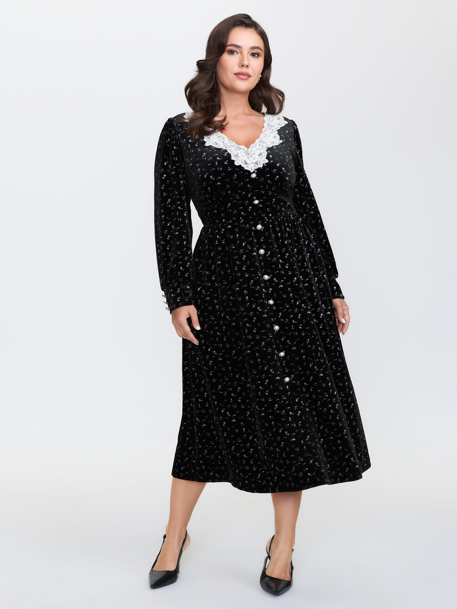 Velvet Print Lace Neckline Midi Dress-Sweetccc