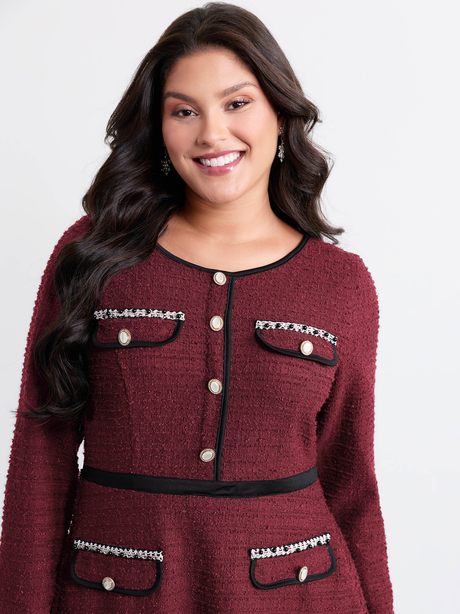 Tweed Stretchy Waist Color Contrast Midi Dress-Sweetccc