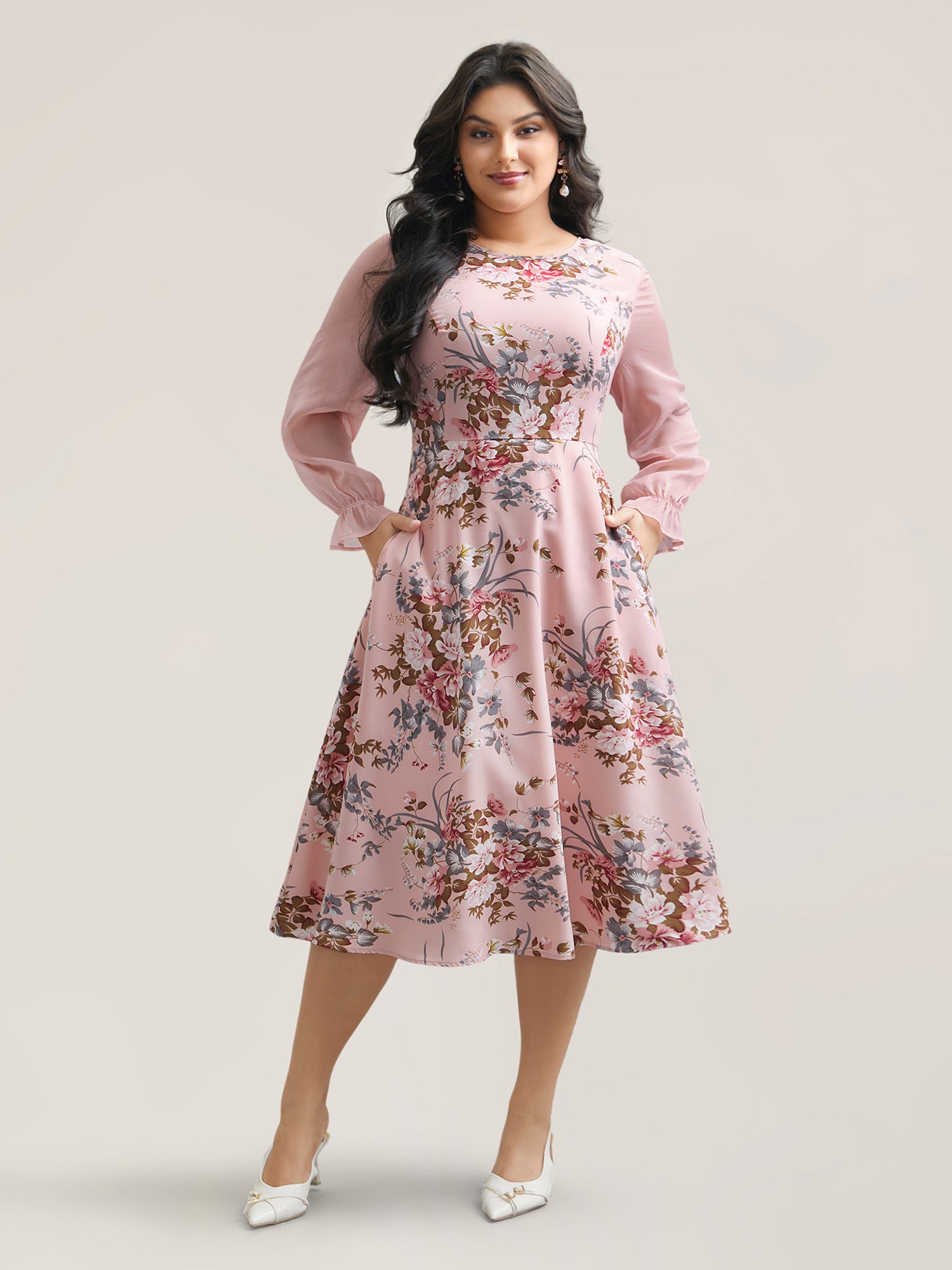 Floral Print Spliced Waist Cinched Midi Dress-Sweetccc