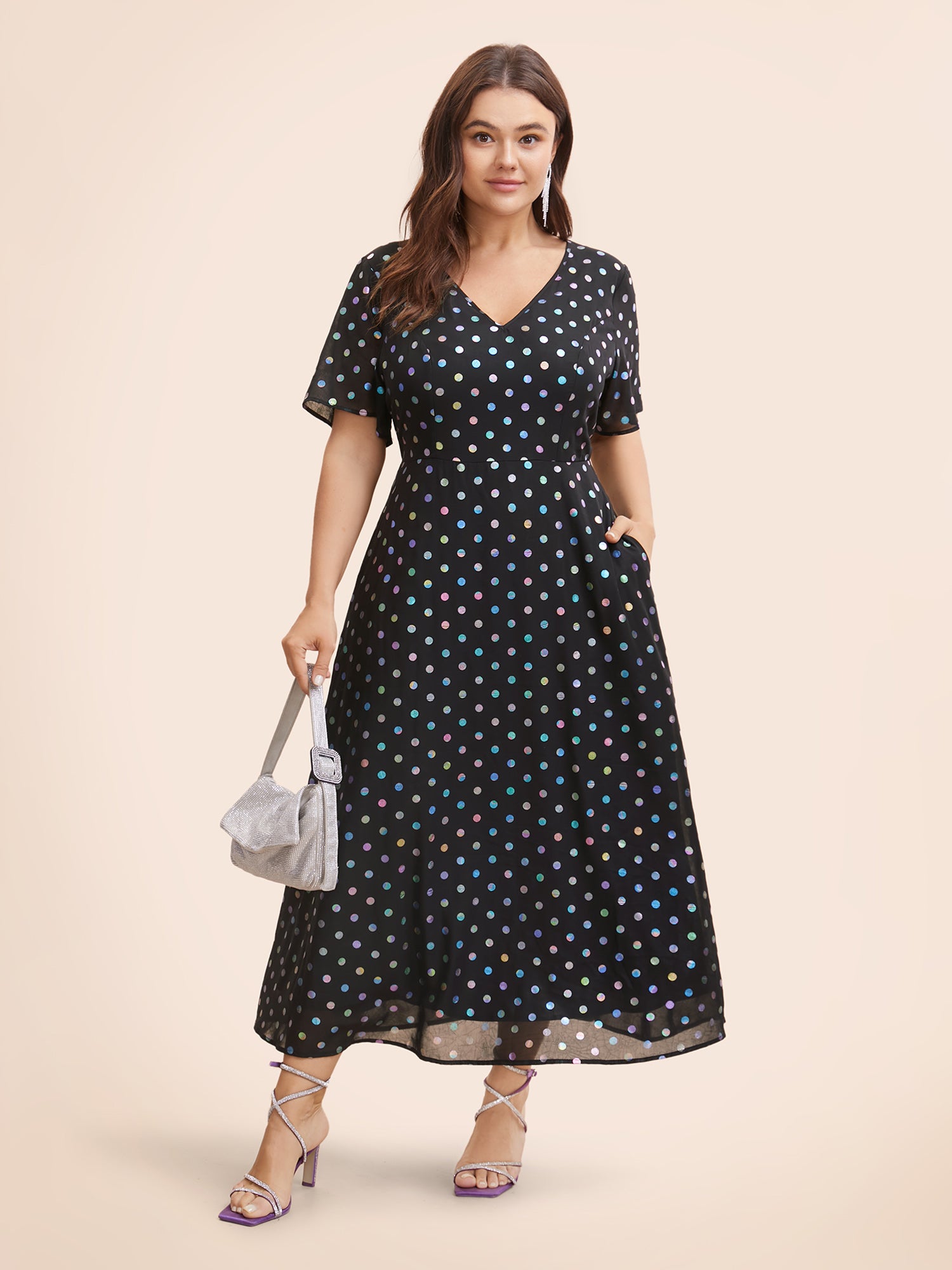 V Neck Polka Dot Glitter Ruffle Sleeve Dress-Sweetccc