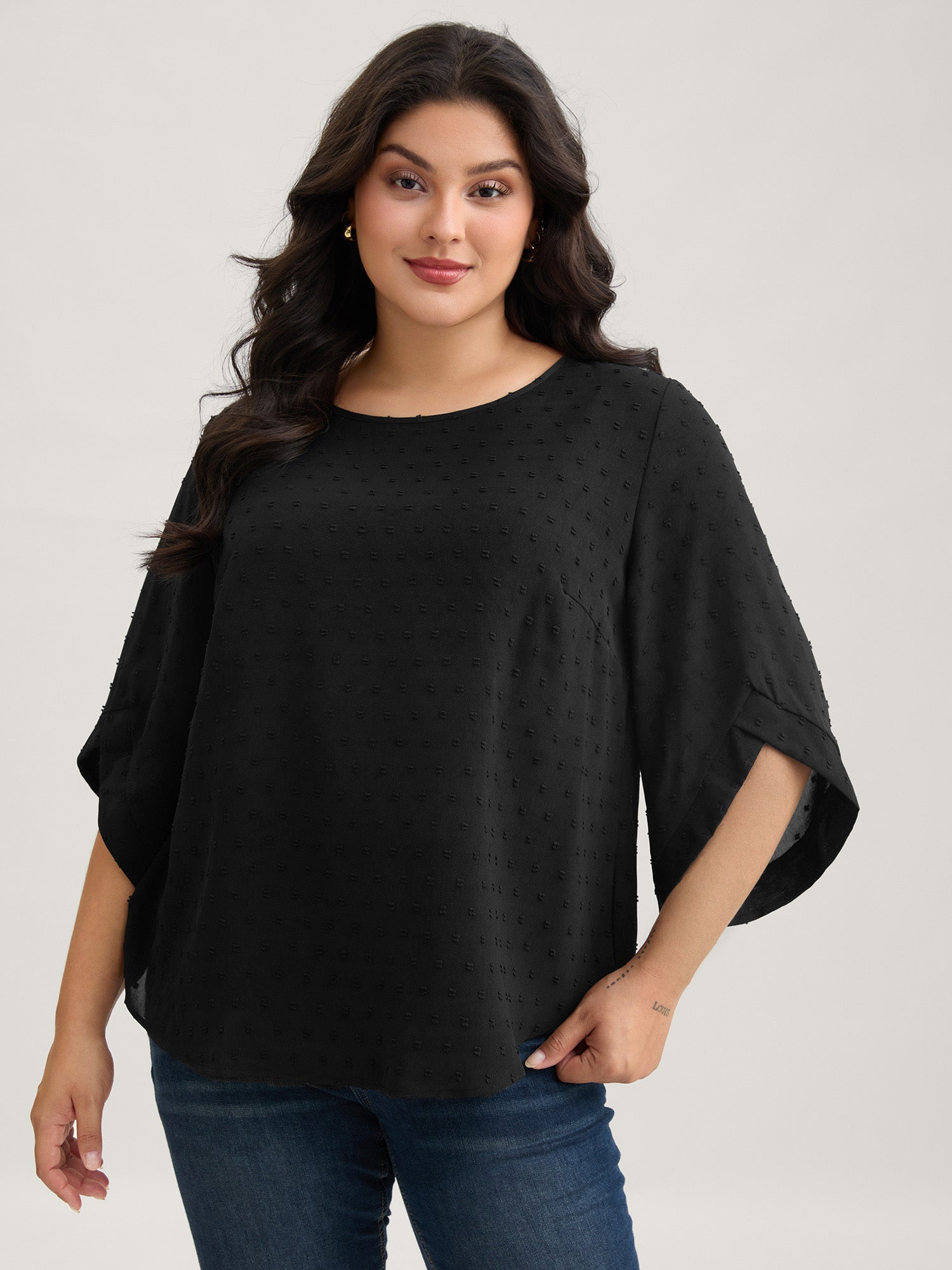 Textured Round Neck Bell Sleeve Blouse-Sweetccc