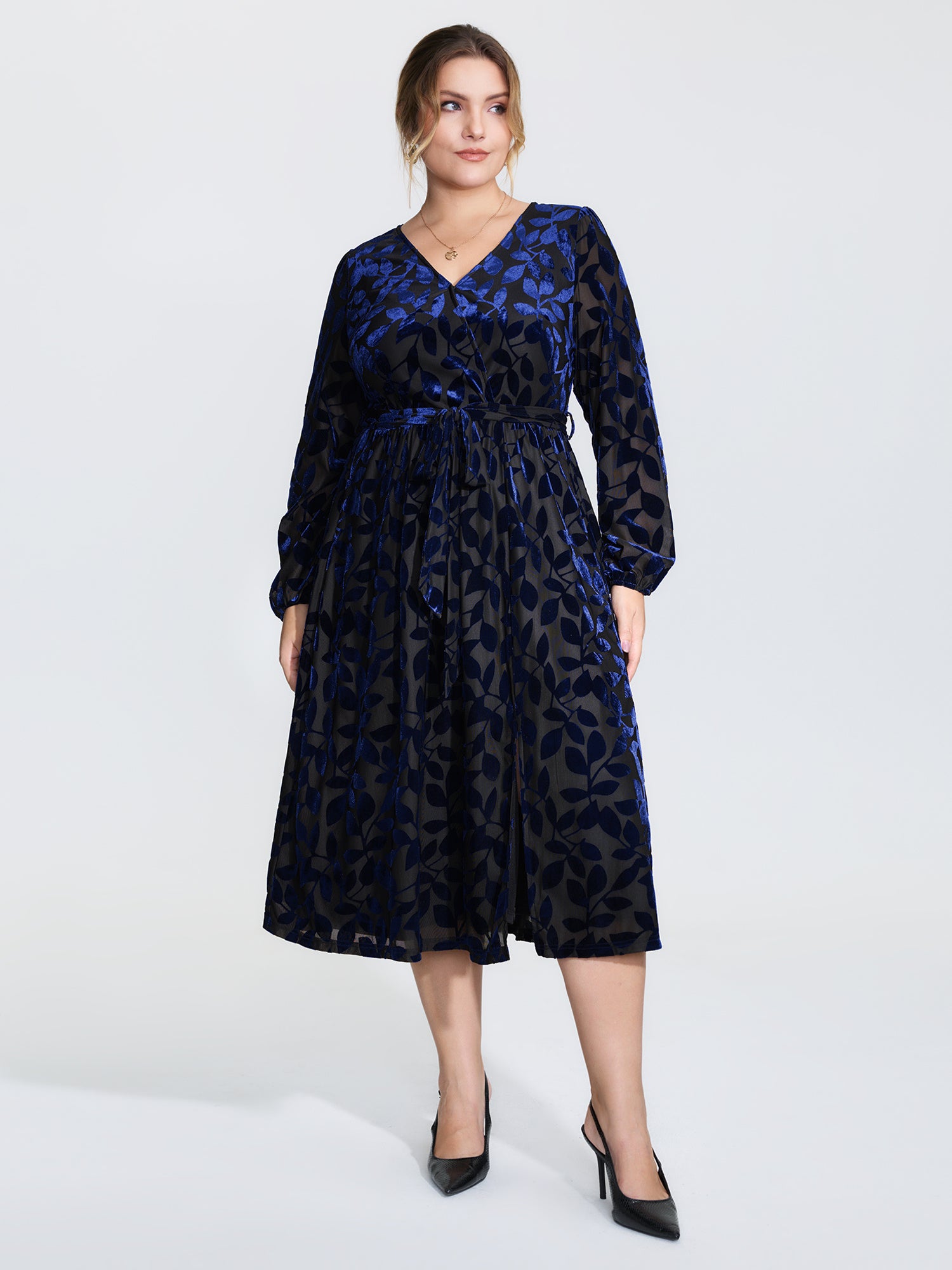 Velvet Laser Cut Faux Wrap Midi Dress-Sweetccc