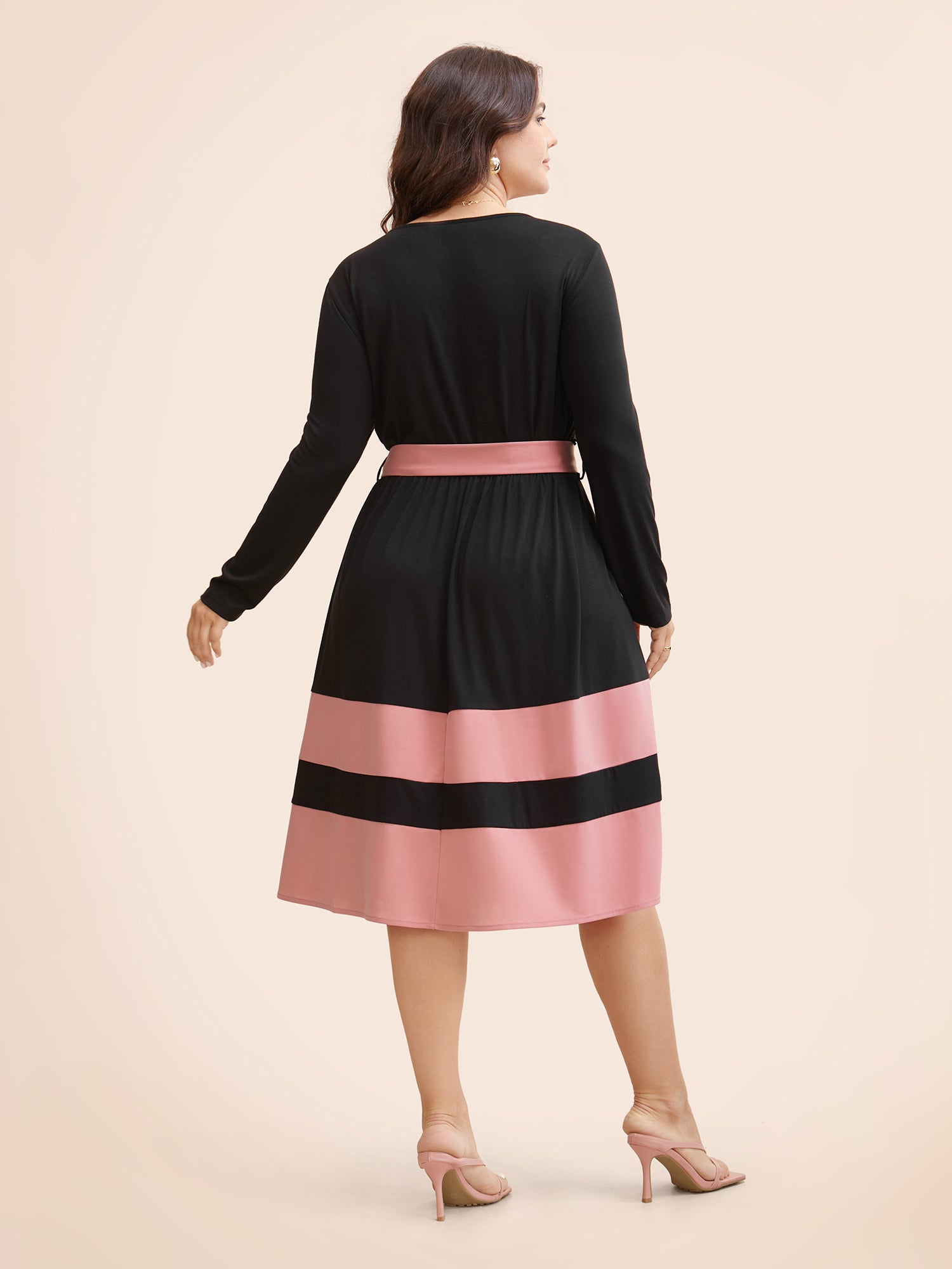 Two Tone Belted Bowknot Square Neck Dress-Sweetccc