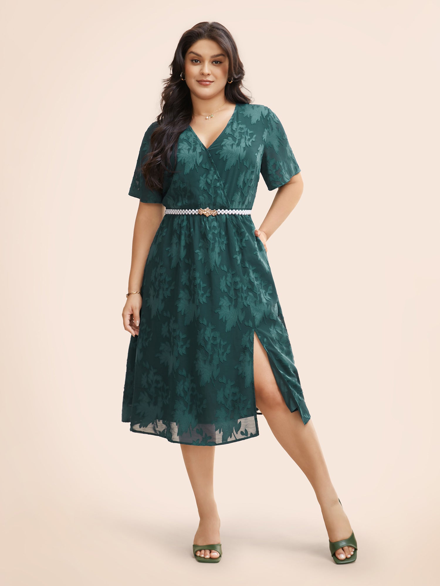 Overlap Collar Jacquard Split Hem Dress-Sweetccc
