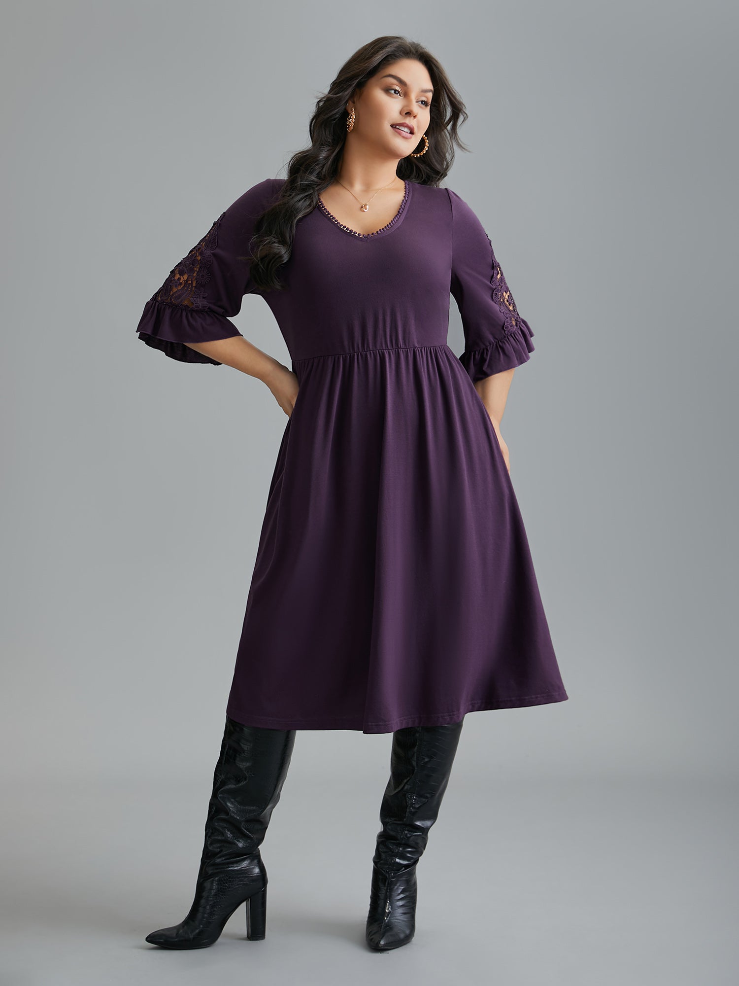 V Neck Plain Crochet Lace Mesh Dress-Sweetccc