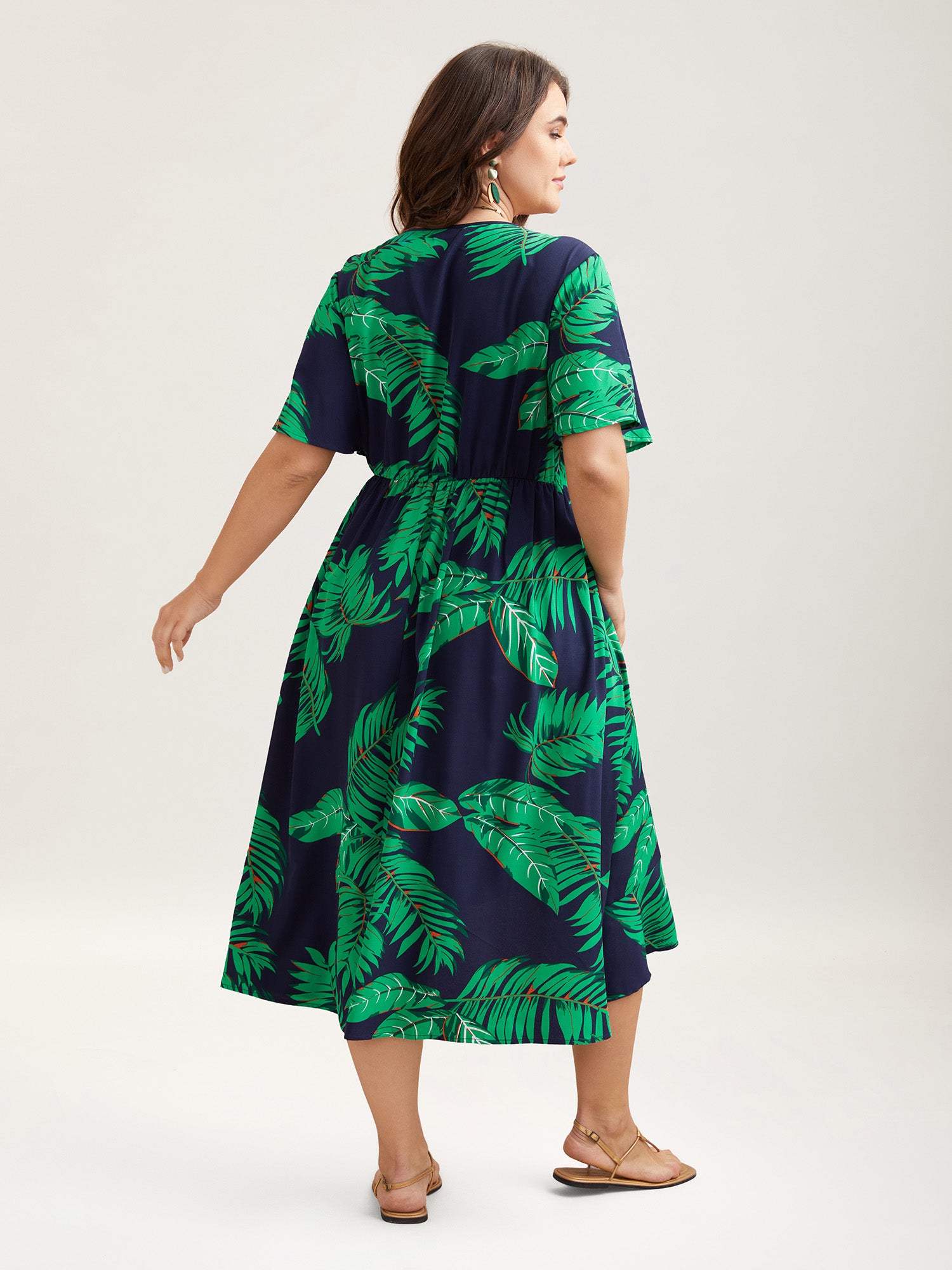 Tropical Leaf Print Surplice Neck Midi Dress-Sweetccc