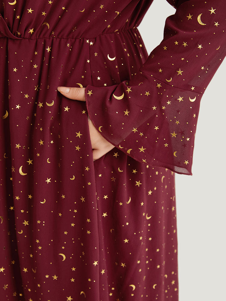 Moon & Star Glitter Surplice Neck Bell Sleeve Dress-Sweetccc