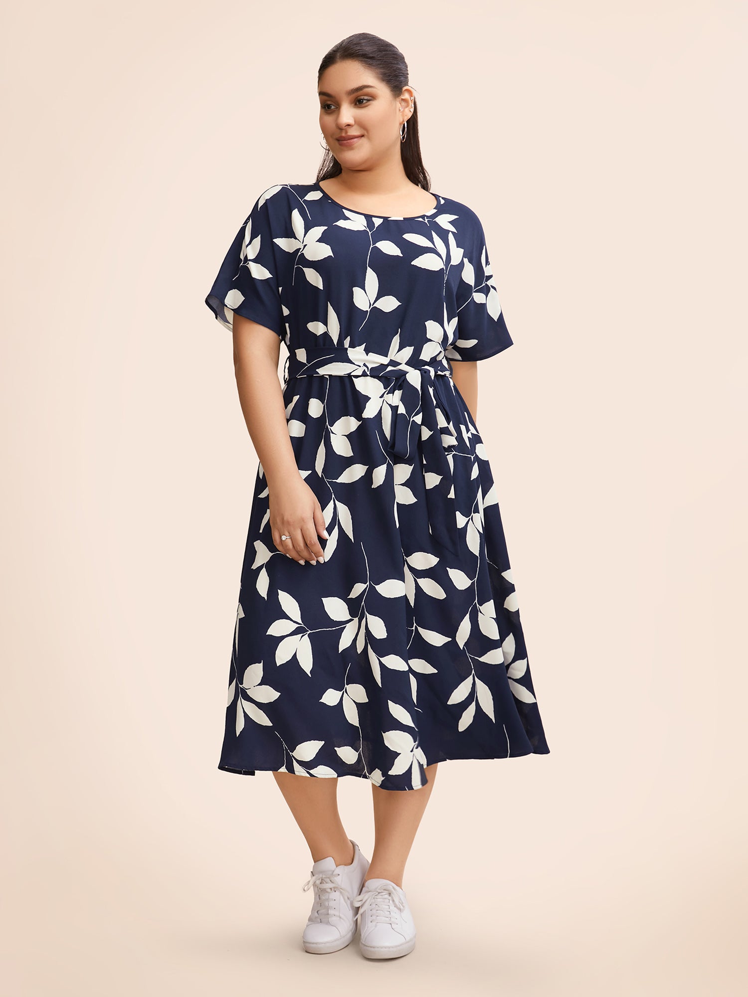 Leaf Print Pocket Belted Dress-Sweetccc