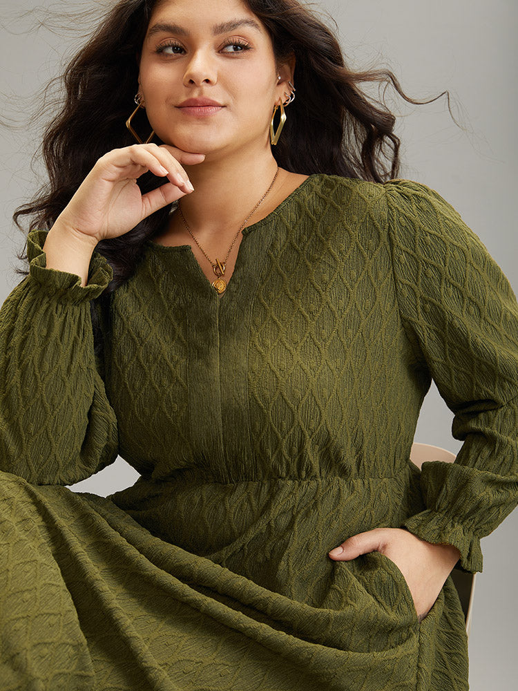 Textured Jacquard Notched Ruffle Sleeve Dress-Sweetccc