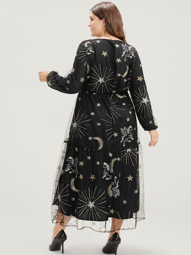 Moon And Star Pocket Lantern Sleeve Embroidered Mesh Dress-Sweetccc