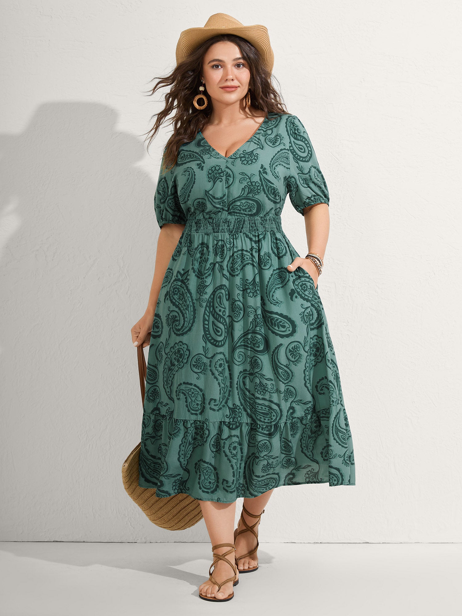 Paisley Print Shirred Waist Midi Dress-Sweetccc