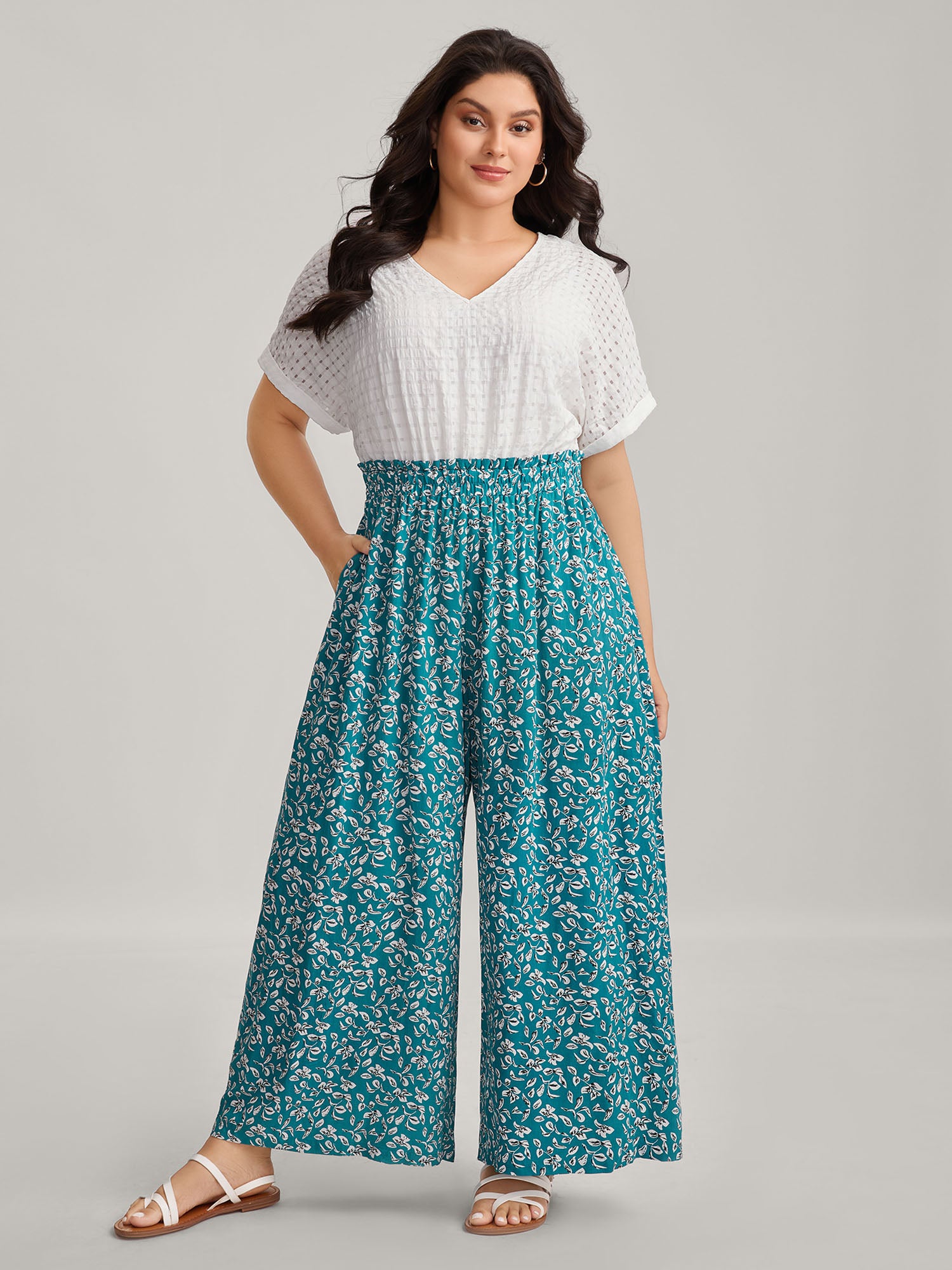 Floral Color Contrast Shirred Jumpsuit-Sweetccc