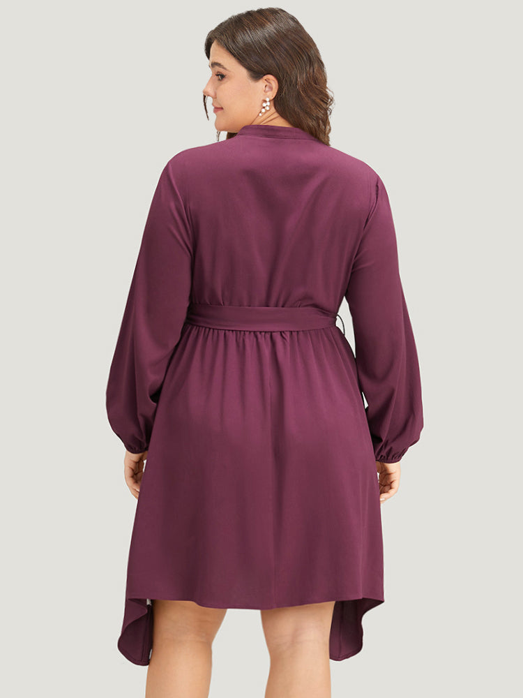 Halloween Plain Lantern Sleeve Belted Lace Up Asymmetrical Hem Dress-Sweetccc