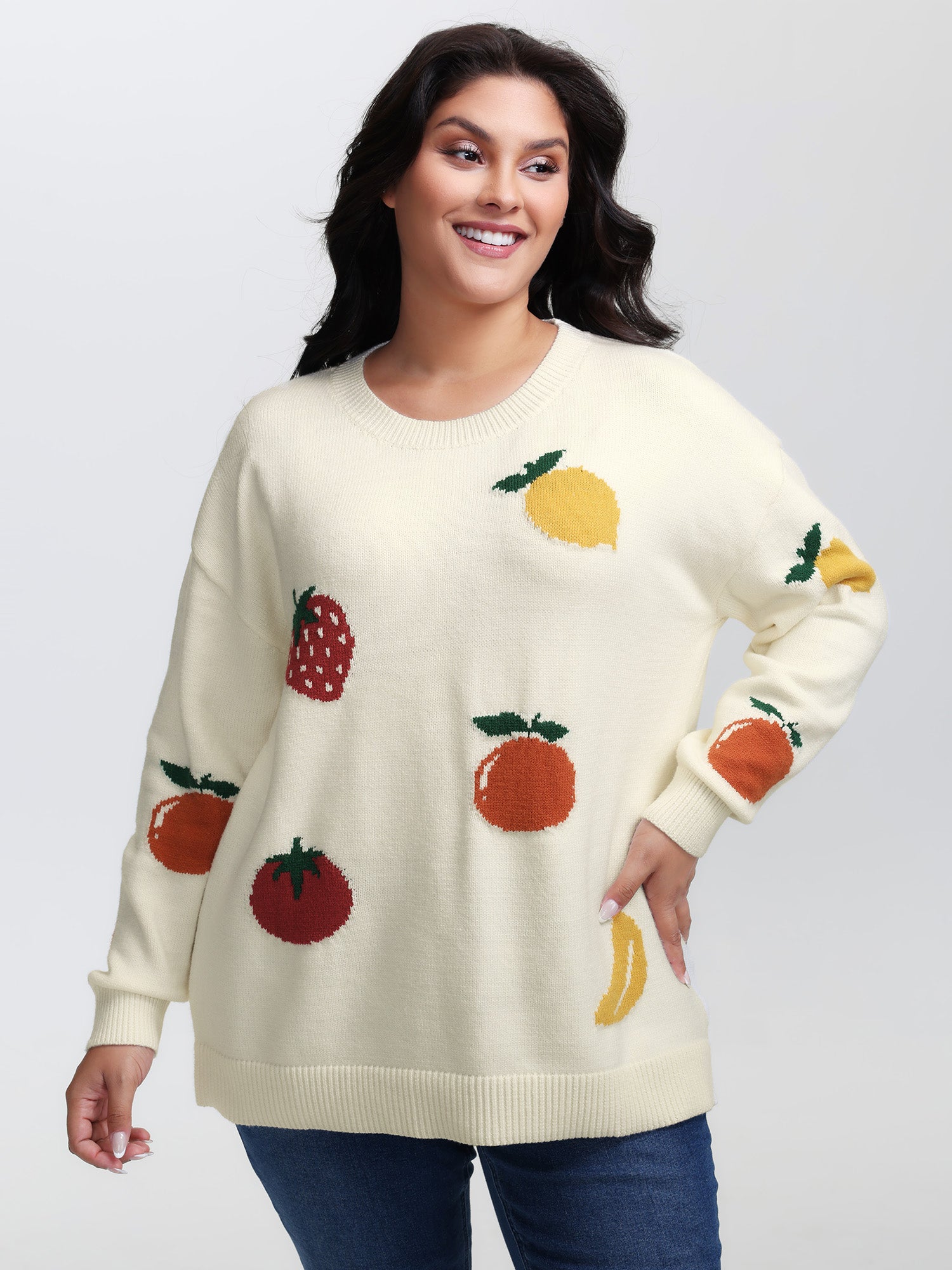 Supersoft Stretchy Fruit Pattern Ribbed Hem Pullover-Sweetccc