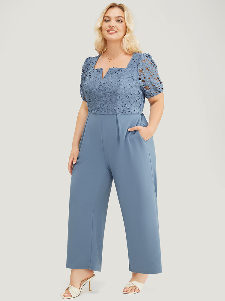 Solid Lace Notched Square Neck Pocket Pleated Jumpsuit-Sweetccc