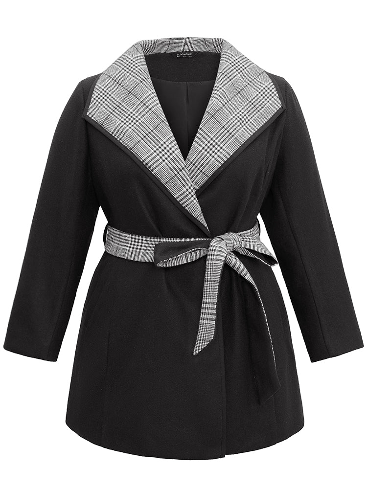 Lapel Collar Patchwork Belted Contrast Coat-Sweetccc