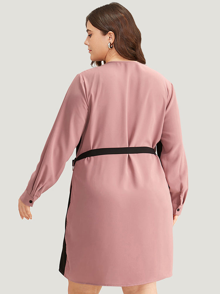 Twill Two Tone Metal Button Up Belted Dress-Sweetccc