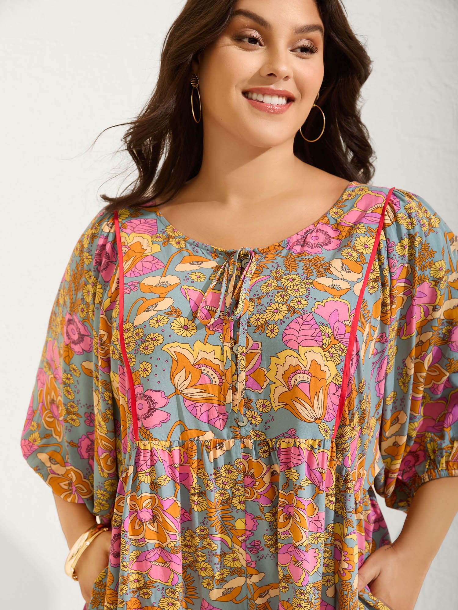 Floral Print Puffy Sleeve Flowy Romper-Sweetccc