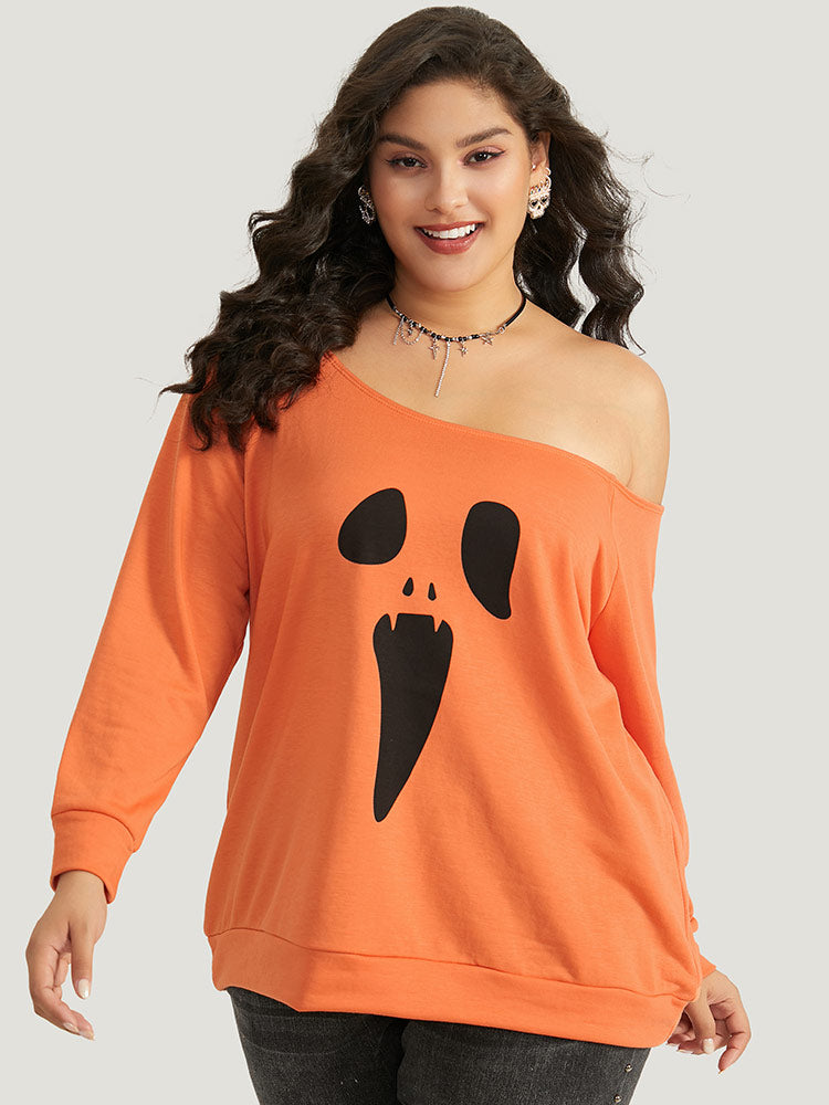 Halloween Print One Shoulder Raglan Sleeve Sweatshirt-Sweetccc