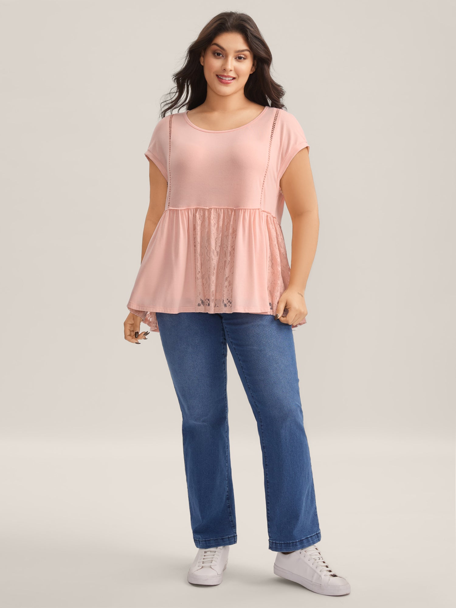 Lace Trim Spliced Solid T-Shirt-Sweetccc