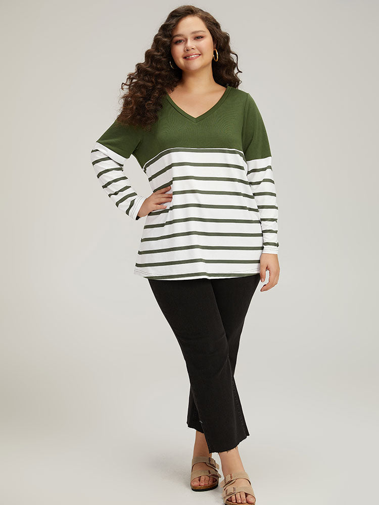 Striped Patchwork Contrast V Neck Sweatshirt-Sweetccc