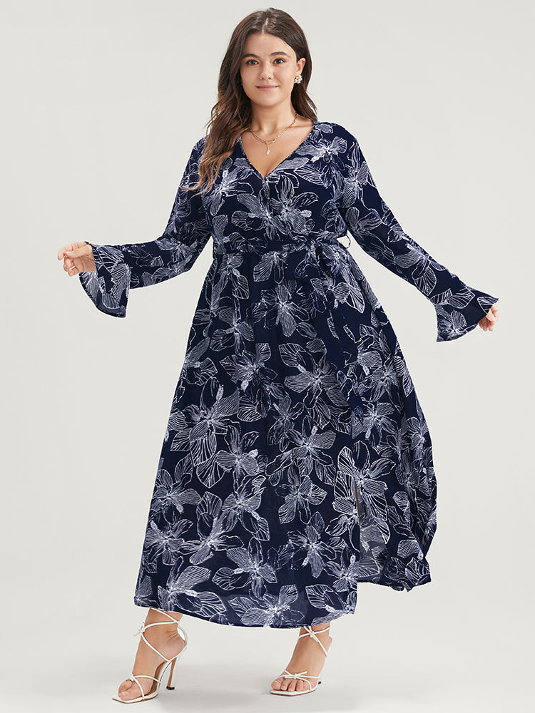 Floral Print Belted Pocket Split Hem Wrap Dress-Sweetccc