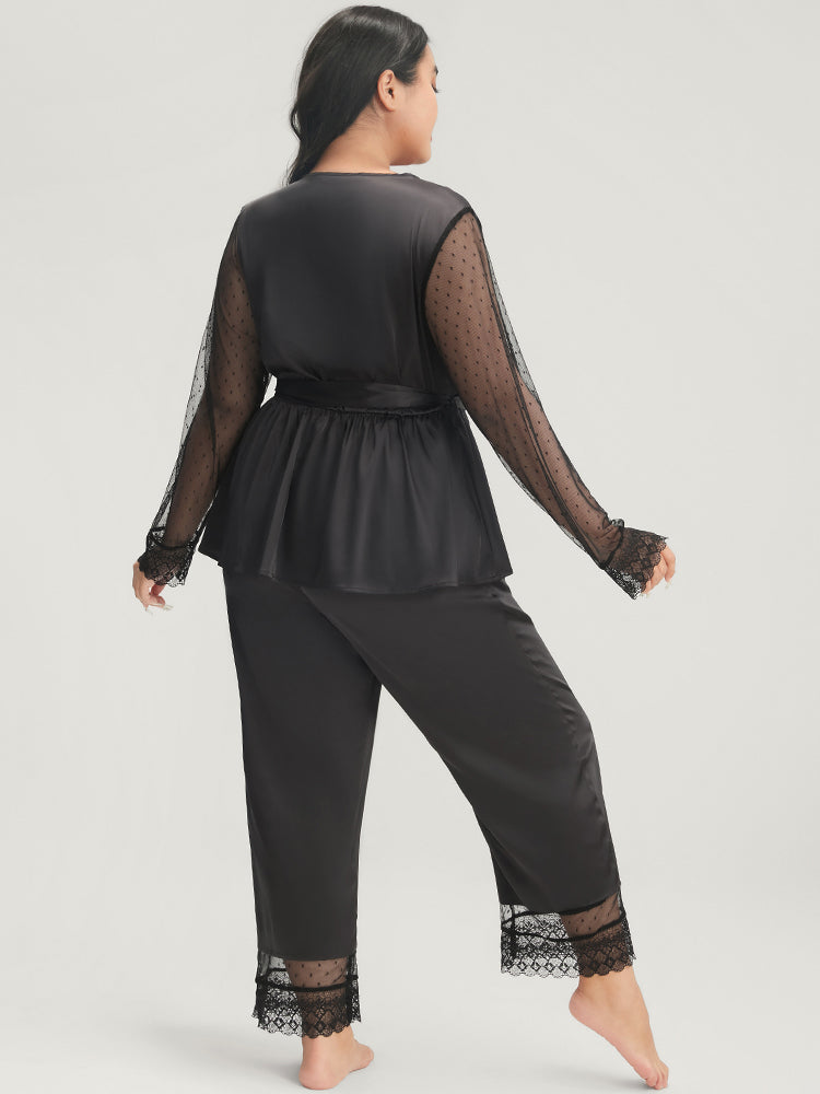 Solid Mesh Lace Wrap Belted Pajama Set-Sweetccc