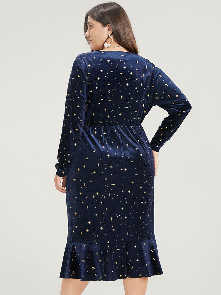 Star Print Wrap Ruffle Trim Velvet Midi Dress-Sweetccc