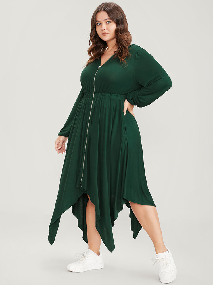 Solid Pocket Zipper Up Hanky Hem Dress-Sweetccc