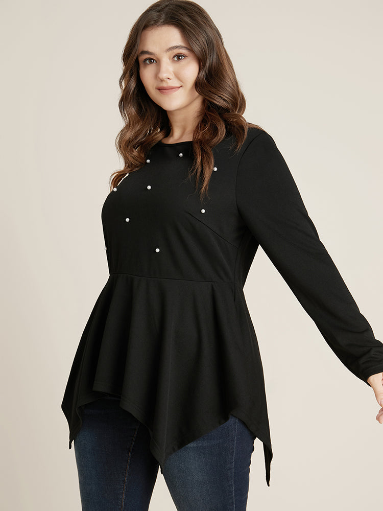 Solid Pearl Beaded Hanky Hem Long Tee-Sweetccc