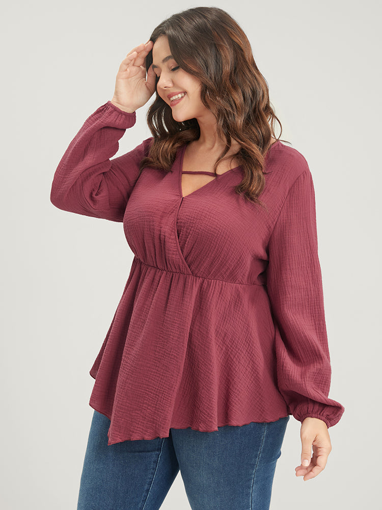 Solid Lantern Sleeve Asymmetrical Hem Wrap Blouse-Sweetccc