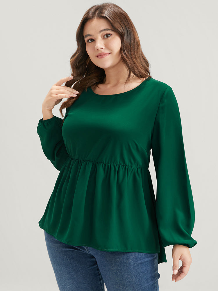 Solid Lantern Sleeve High Low Hem Flutter Blouse-Sweetccc