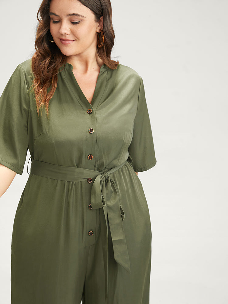 Solid Pocket Button Belted Jumpsuit-Sweetccc