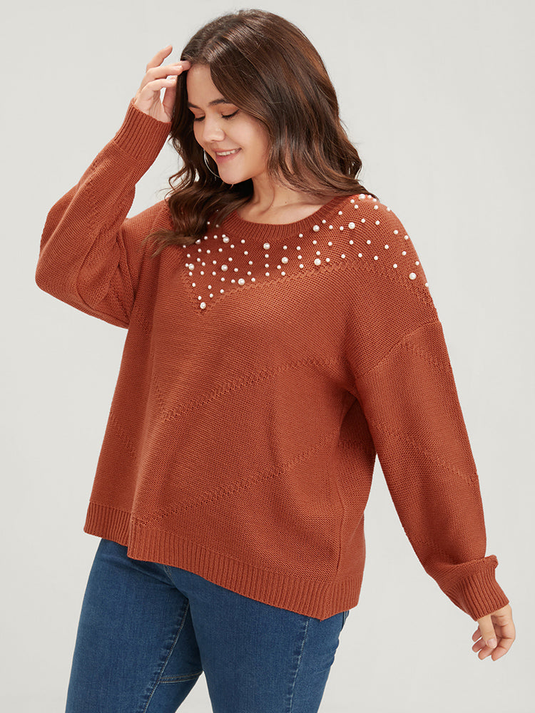 Solid Pointelle Knit Pearls Beaded Knit Top-Sweetccc