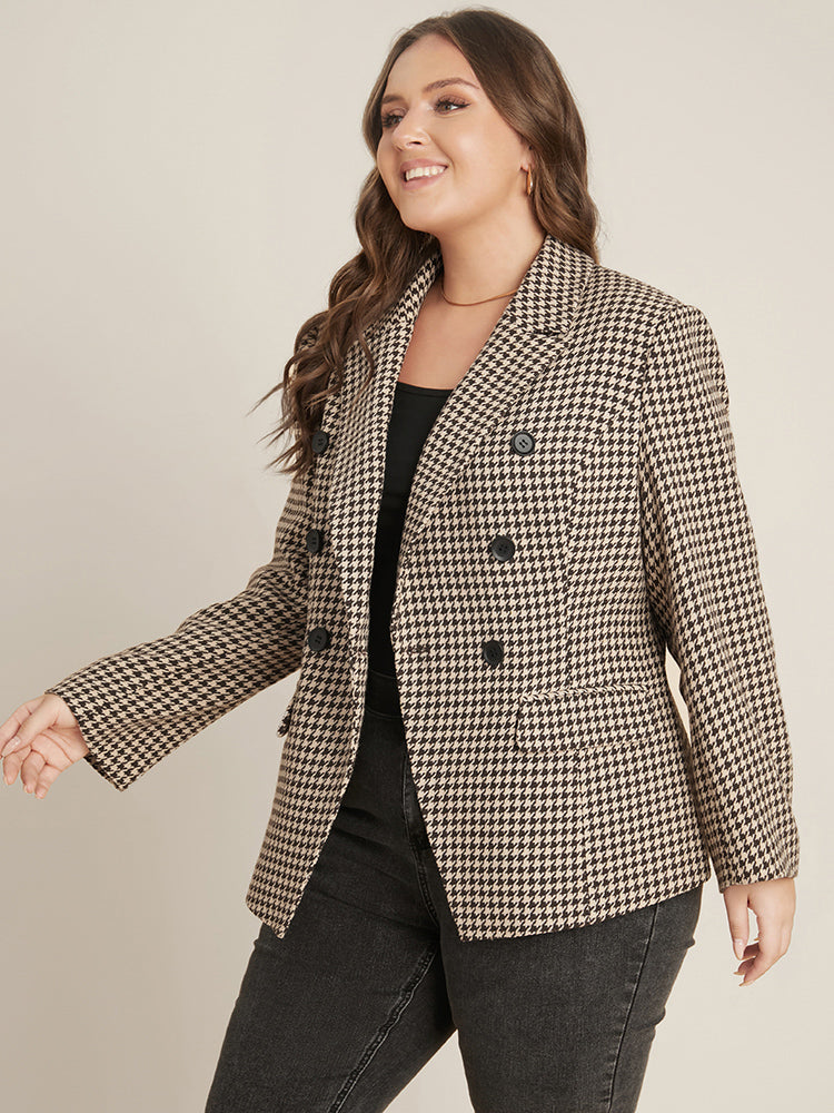 Houndstooth Suit Collar Pocket Button Down Coat-Sweetccc