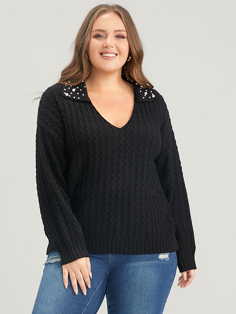 Solid Pointelle Knit Pearls Beaded Collar Neck Knit Top-Sweetccc