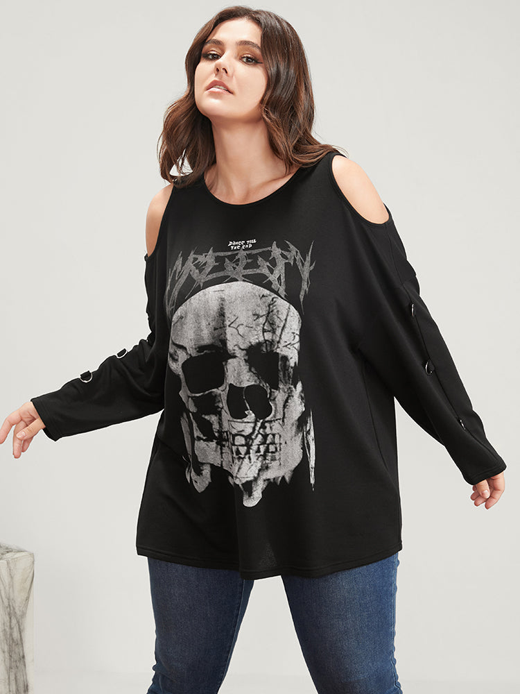 Halloween Skull Print Cold Shoulder Sweatshirt-Sweetccc