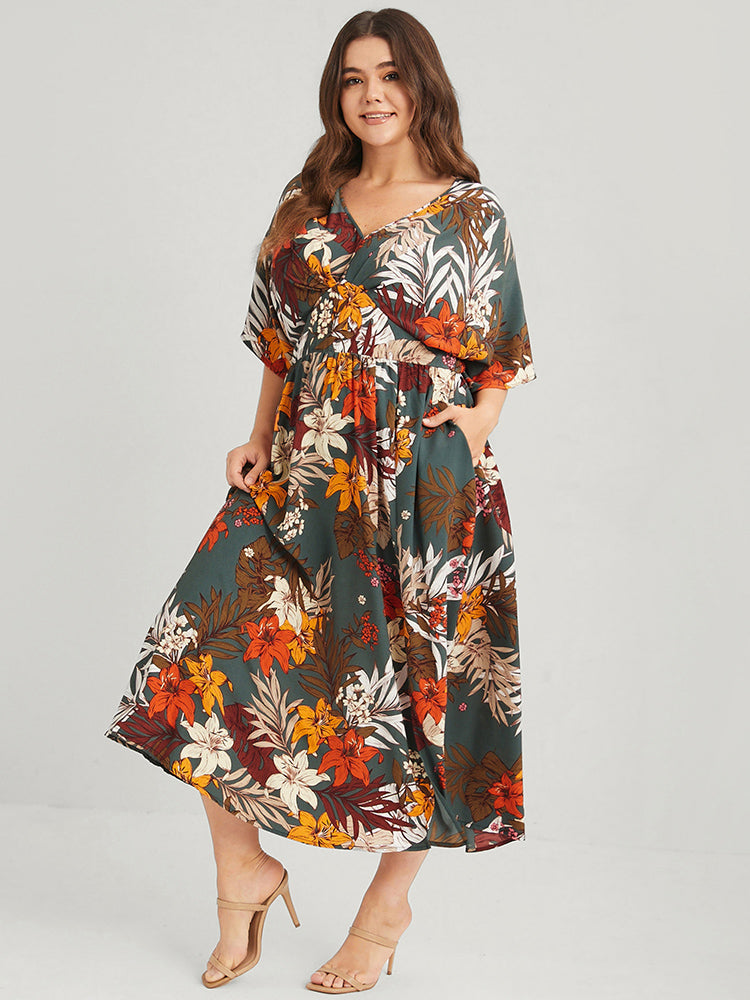 Floral V Neck Split Pleated Pocket Maxi Dress-Sweetccc