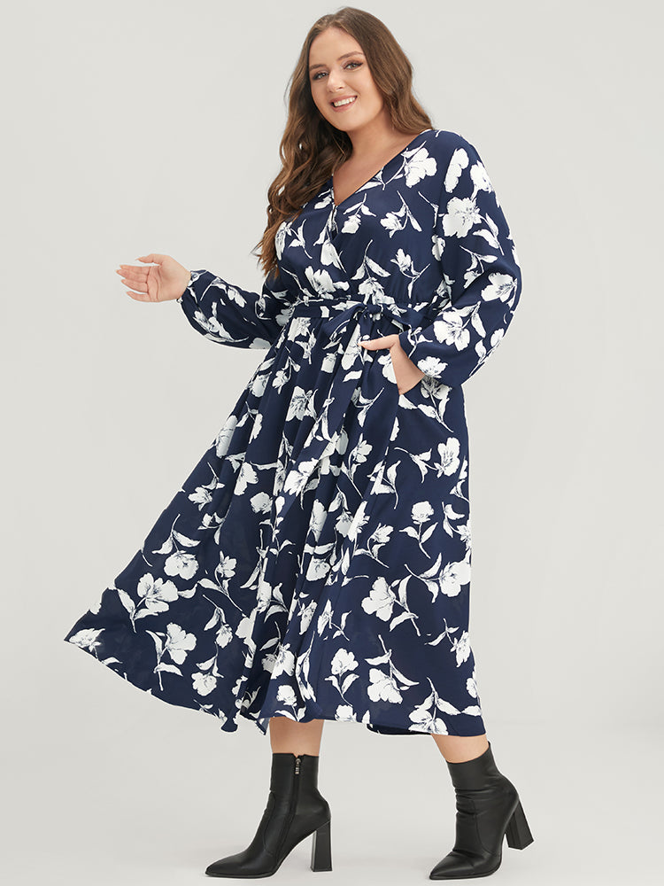 Floral Pocket Surplice Neck Belted Midi Dress-Sweetccc