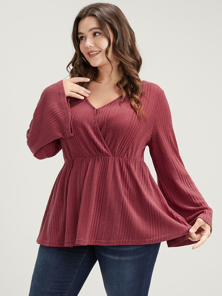 Solid Rib Knit Bell Sleeve Surplice Neck Long Tee-Sweetccc