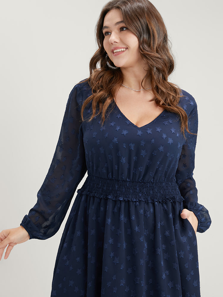 Star Print Pocket Lantern Sleeve Shirred Chiffon Dress-Sweetccc