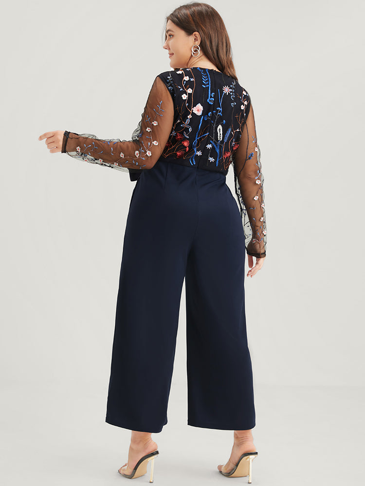 Solid Pocket Embroidered Mesh Sleeve Knotted Jumpsuit-Sweetccc