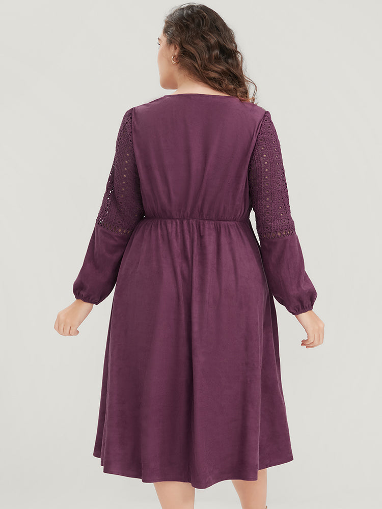 Solid Lantern Sleeve Pocket Crochet Lace Dress-Sweetccc