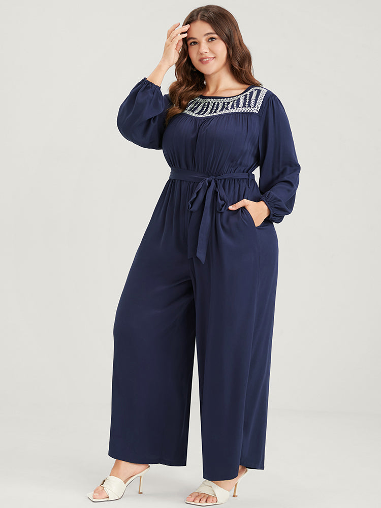 Solid Pocket Lantern Sleeve Embroidered Belted Jumpsuit-Sweetccc