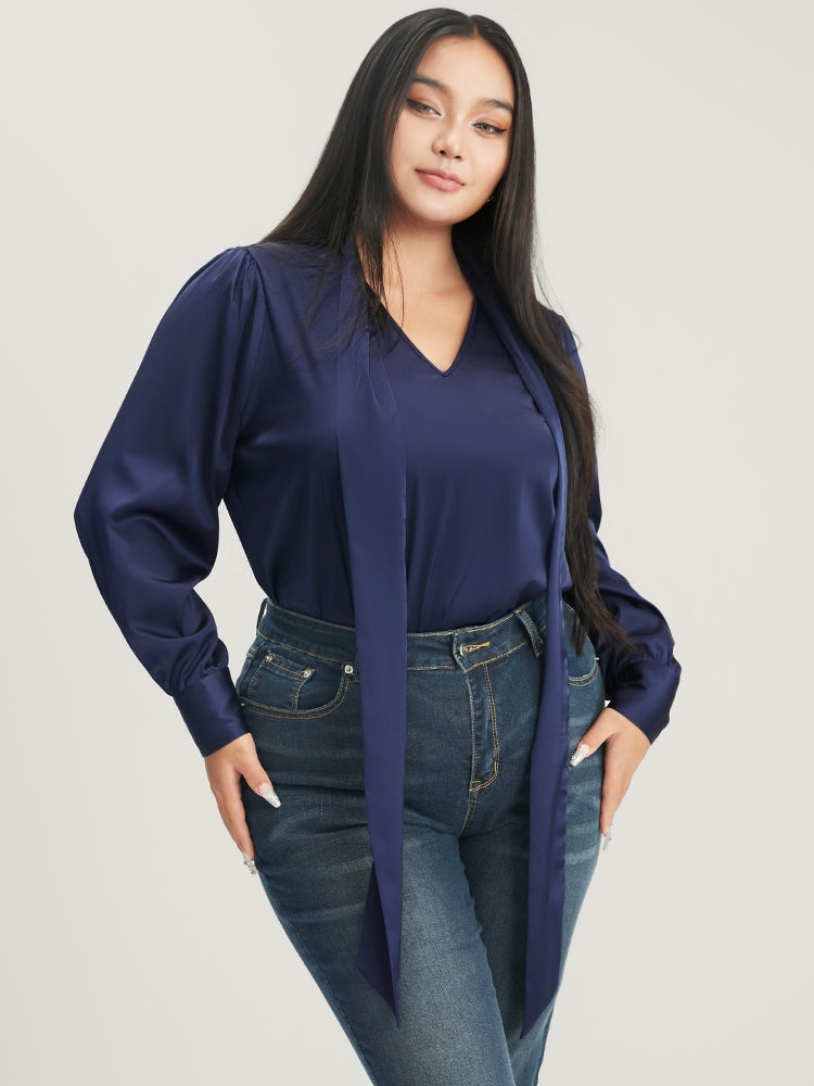 Solid Knotted V Neck Satin Blouse-Sweetccc