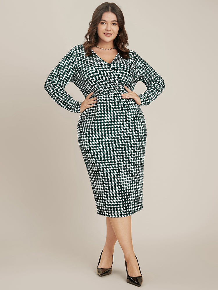 Houndstooth Print Wrap Bodycon Midi Dress Without Belt-Sweetccc